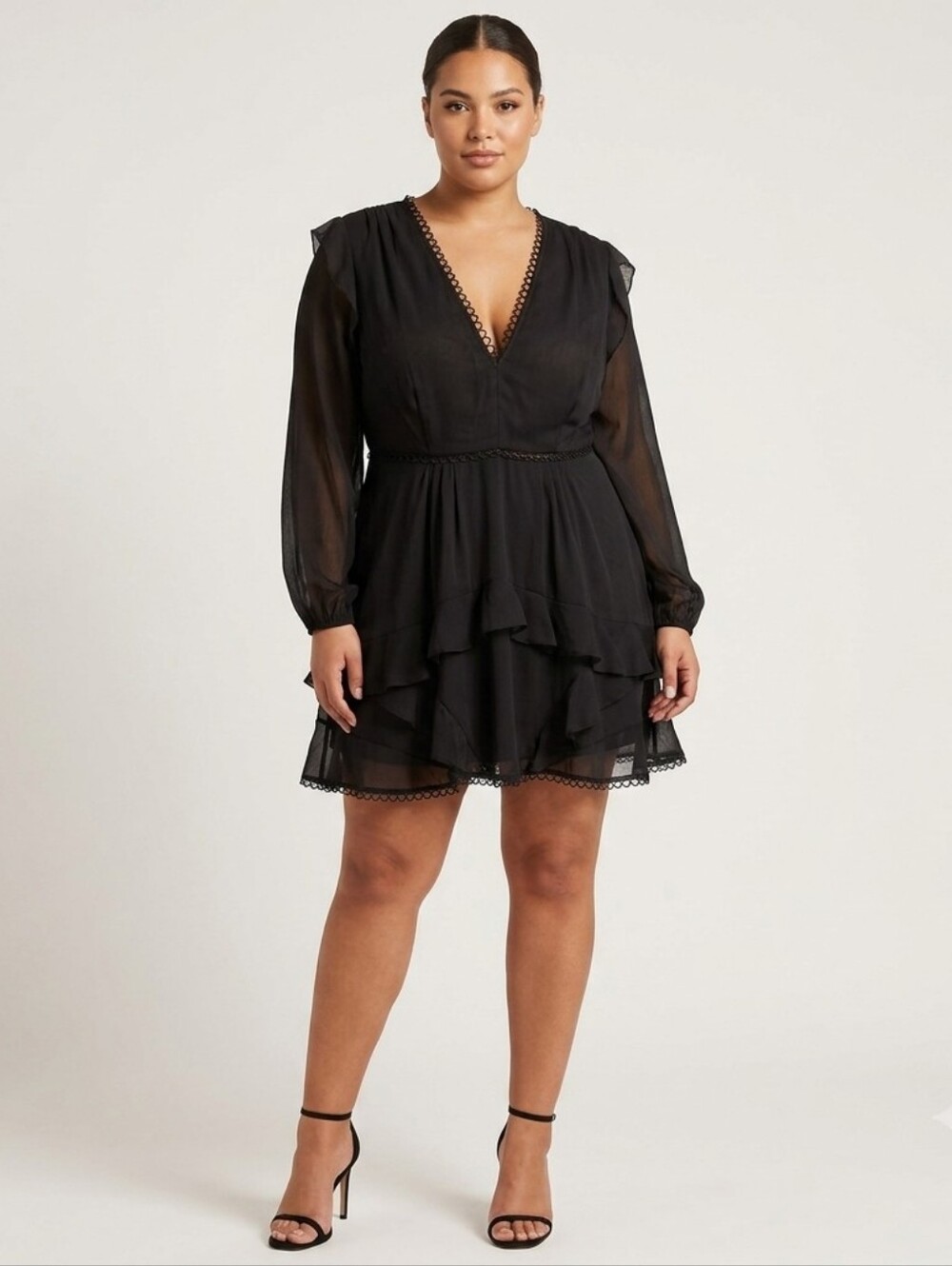 ASOS DESIGN Curve Longsleeve Vneck Circle Trim Mini Black Dress Sz 18